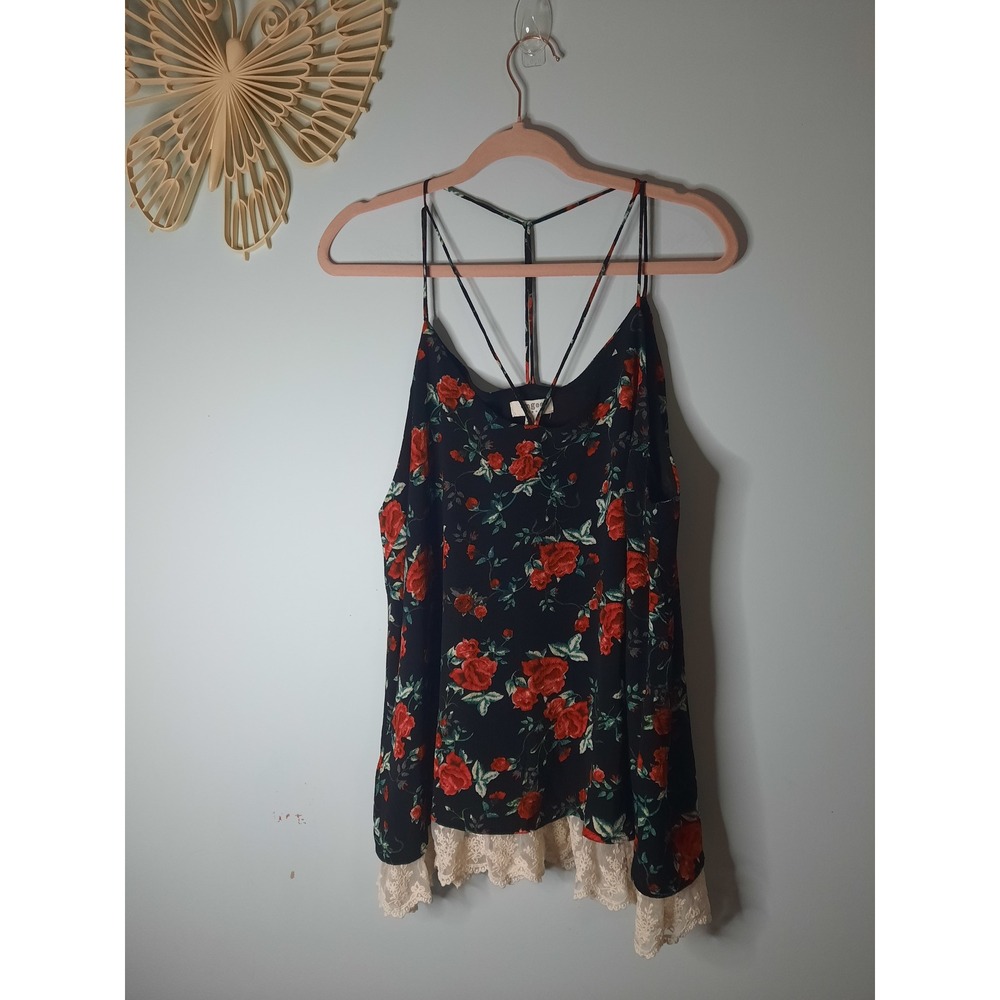 Umgee USA Black Red Floral Lace Hem Strappy Racerback Cami Tank Top Large